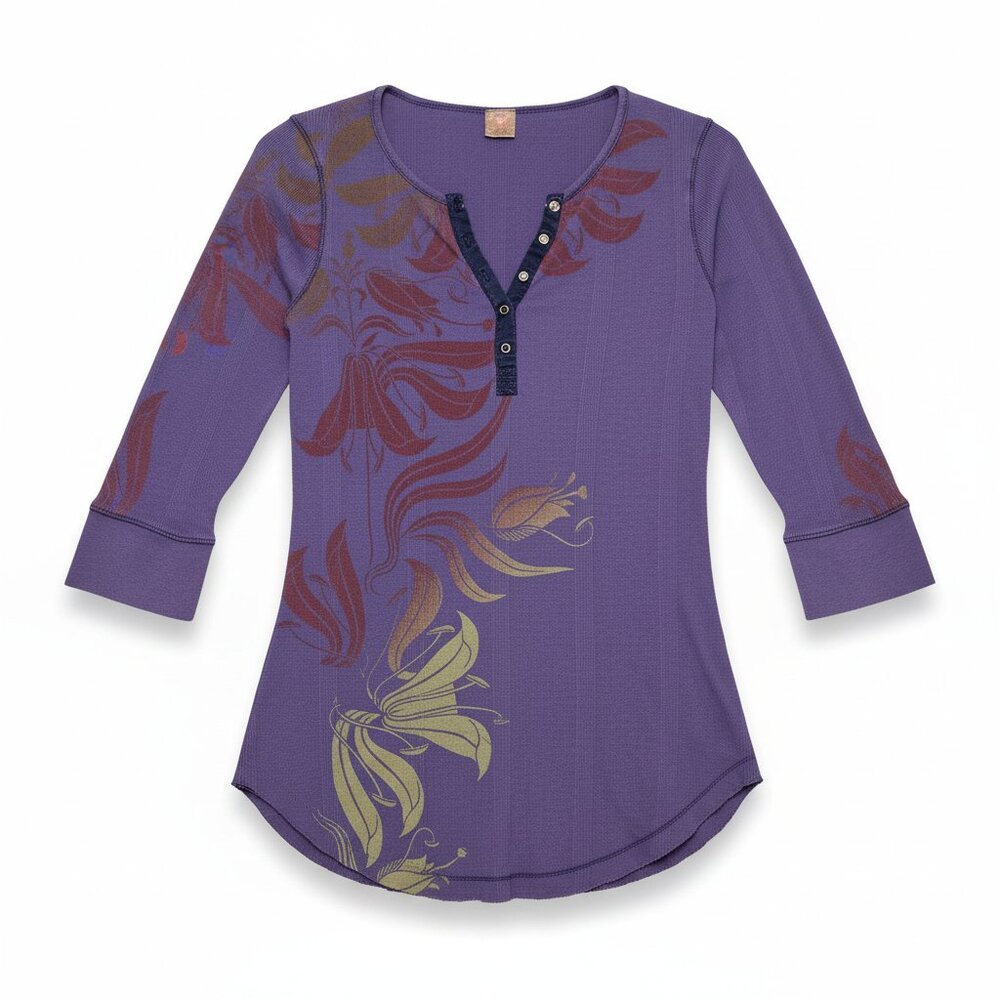 Language Los Angeles Henley‎ Top XL Women's Purple Y2K 90s Ribbed Floral Print